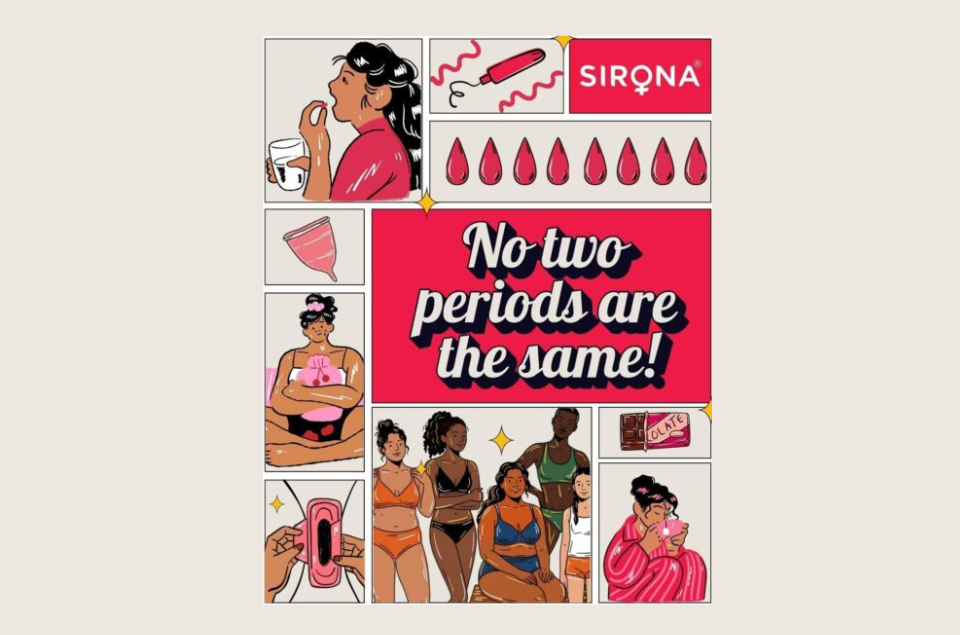 #NoTwoPeriodsAreTheSame campaign by Sirona and AWAAZ promoting menstrual health and period awareness.