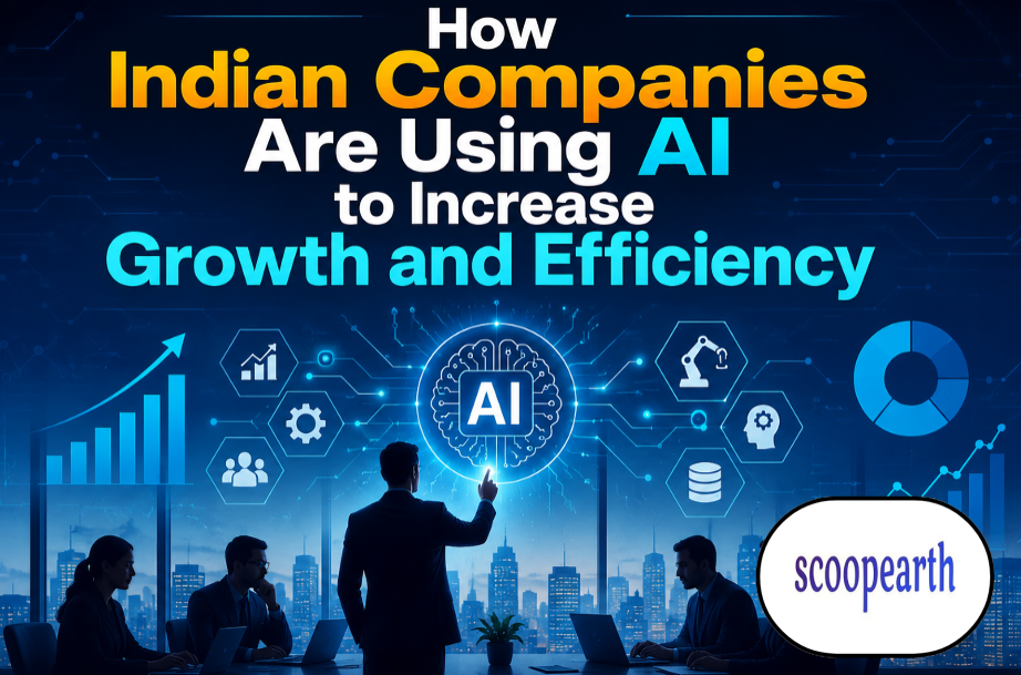 AI Adoption in Indian Companies illustrating how businesses use artificial intelligence to improve productivity, automate operations, increase efficiency, and drive business growth.
