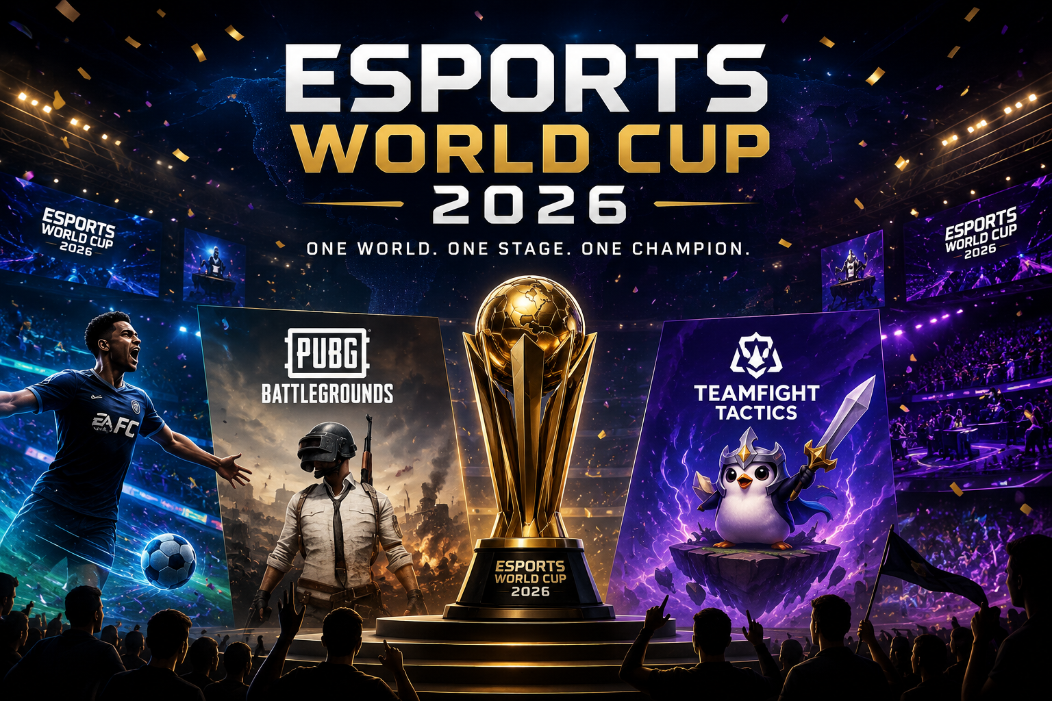Esports World Cup 2026 finals featuring championship victories in EA FC, PUBG: BATTLEGROUNDS, and Teamfight Tactics with players celebrating on stage.
