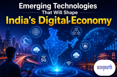 India digital economy infographic detailing emerging technologies like AI, supercomputing, and quantum tech growth.