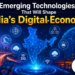 India digital economy infographic detailing emerging technologies like AI, supercomputing, and quantum tech growth.