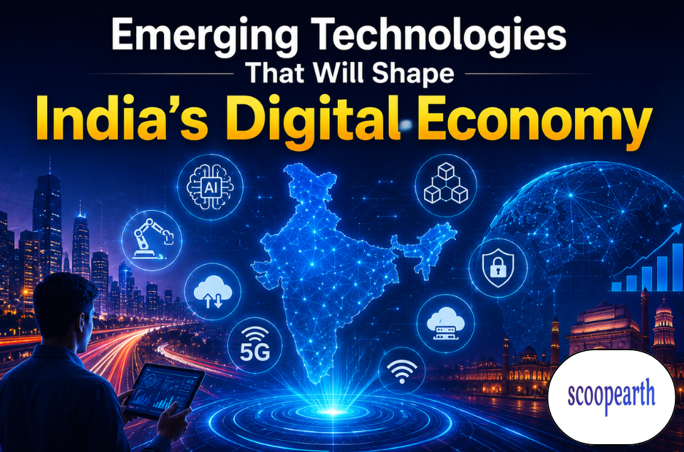 India digital economy infographic detailing emerging technologies like AI, supercomputing, and quantum tech growth.