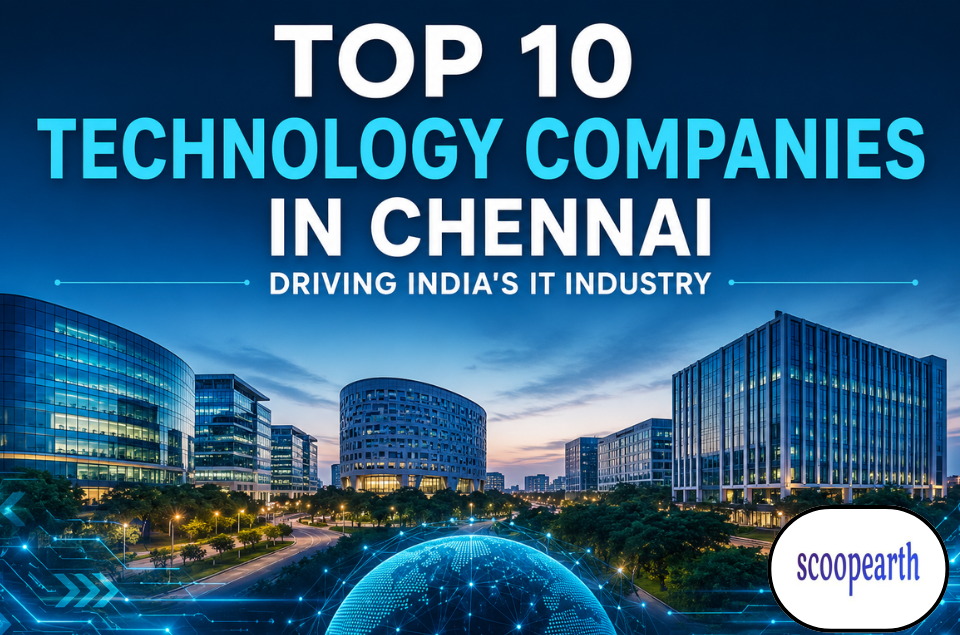 Top 10 technology companies in Chennai featuring leading IT firms, software companies, AI, cloud computing, digital transformation, and innovation in India's technology sector.