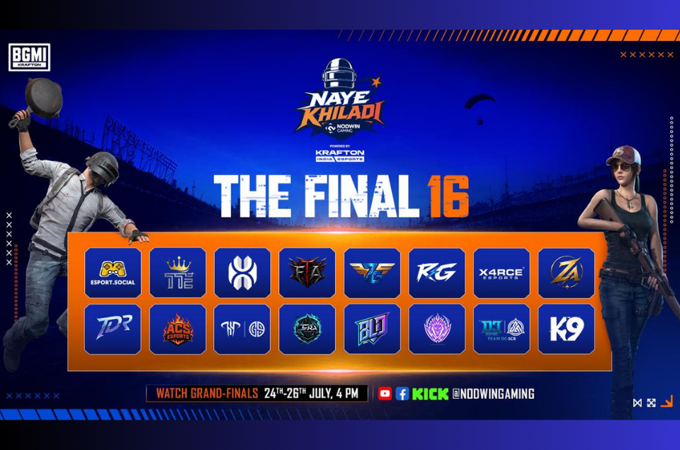 Top 16 teams qualify for the BGMI: NAYE KHILADI Grand Finals powered by KRAFTON India Esports, competing for the championship title in Battlegrounds Mobile India.