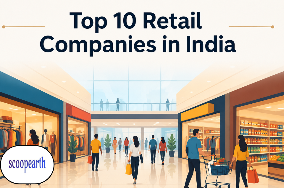 Infographic showcasing the top 10 retail companies in India in 2026, including their founders, headquarters, and leading retail brands.