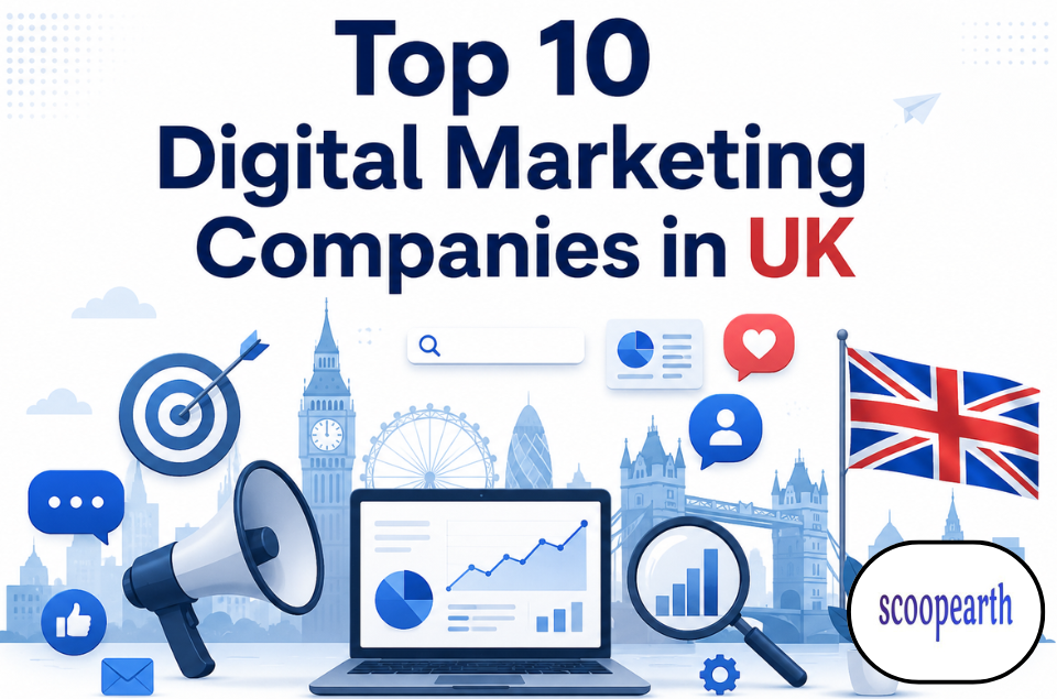 Illustration of digital marketing concepts representing the top 10 digital marketing companies in the UK, featuring SEO, social media, analytics, and online advertising elements.