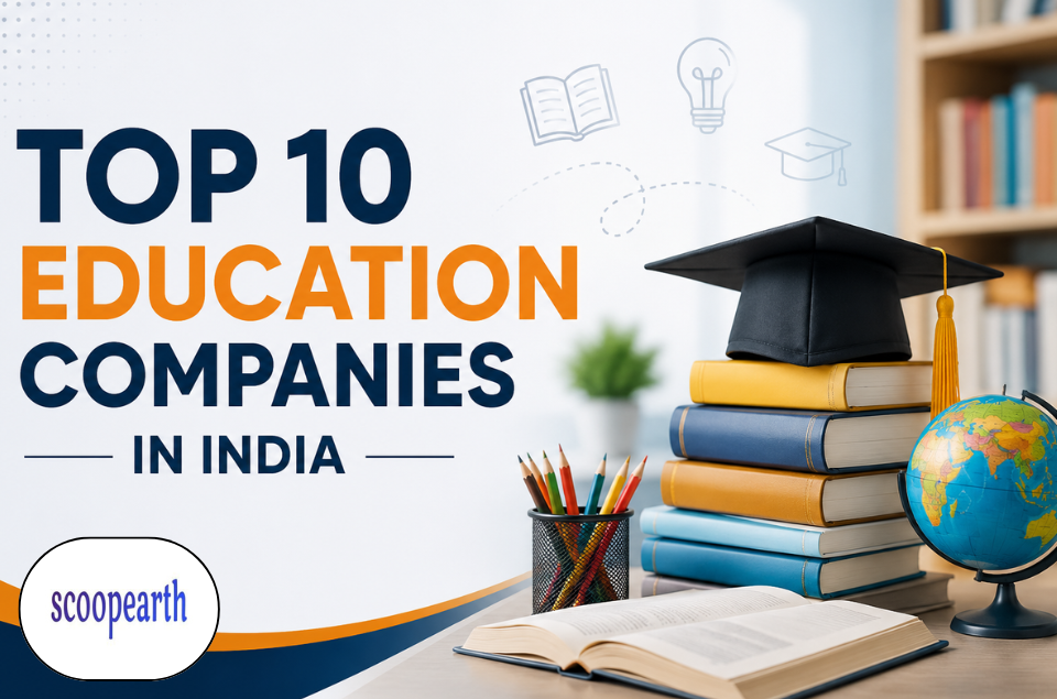 Top 10 Education Companies in India featuring books, graduation cap, globe, and educational elements.