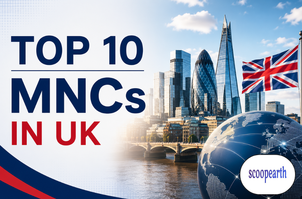 Top 10 MNCs in the UK featuring a modern business and multinational corporate theme.
