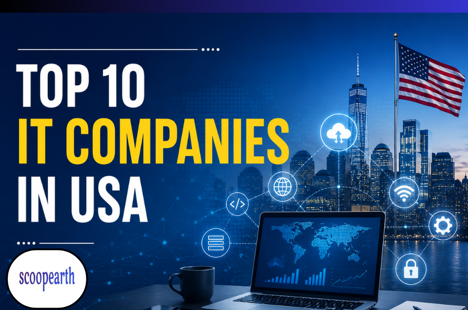 Top 10 IT companies in the USA featuring a modern technology, cloud computing, software, and digital innovation theme.