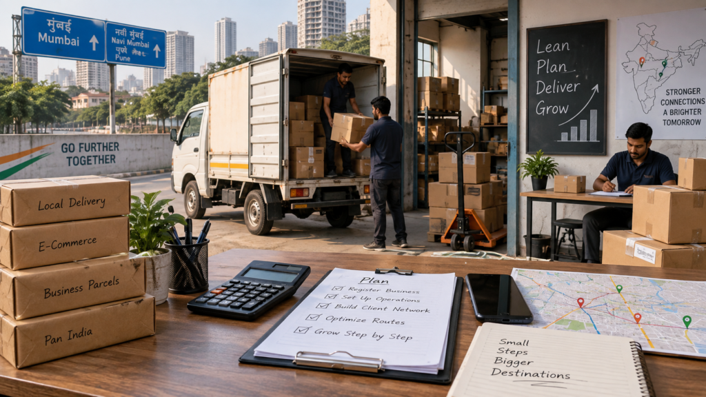 Small logistics business in India with delivery truck, parcels, route planning, and warehouse operations.