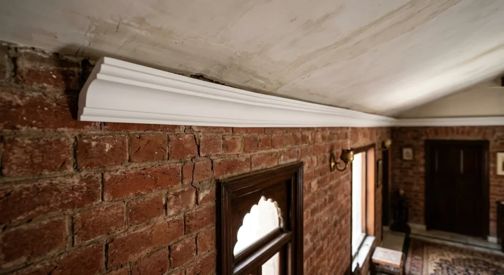 White crown molding installed along the top of an exposed red brick wall, meeting an uneven, stained ceiling in an older house.