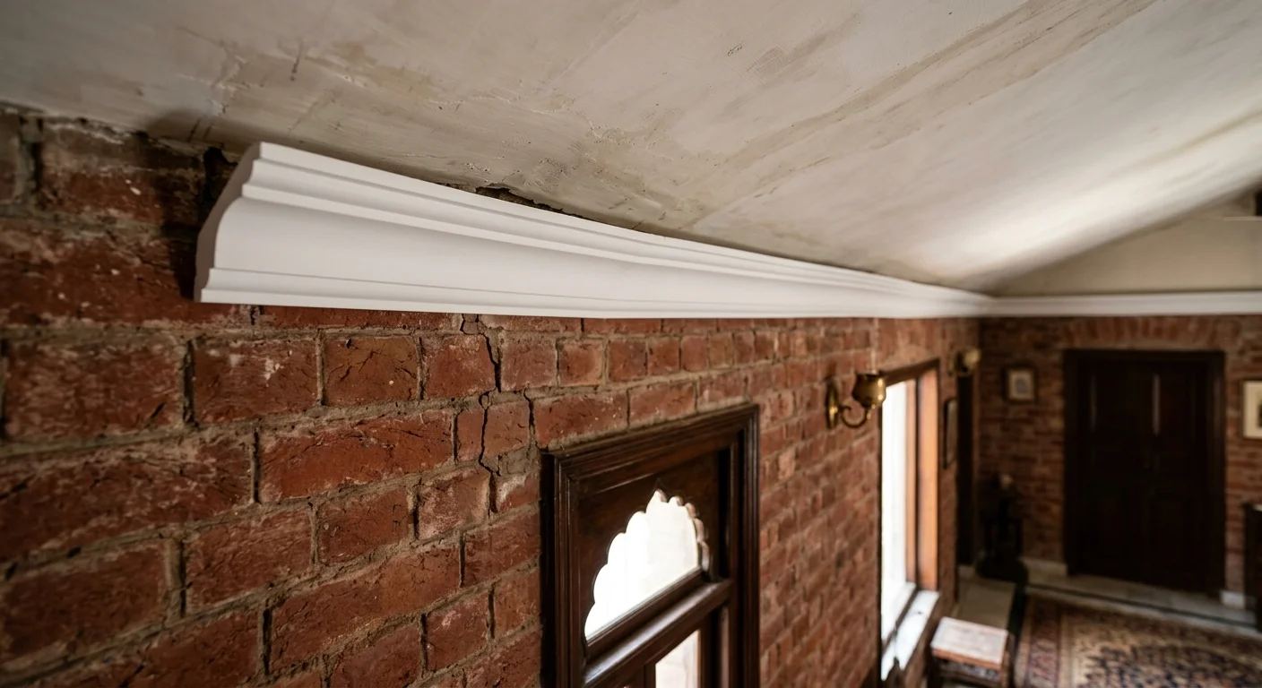 White crown molding installed along the top of an exposed red brick wall, meeting an uneven, stained ceiling in an older house.