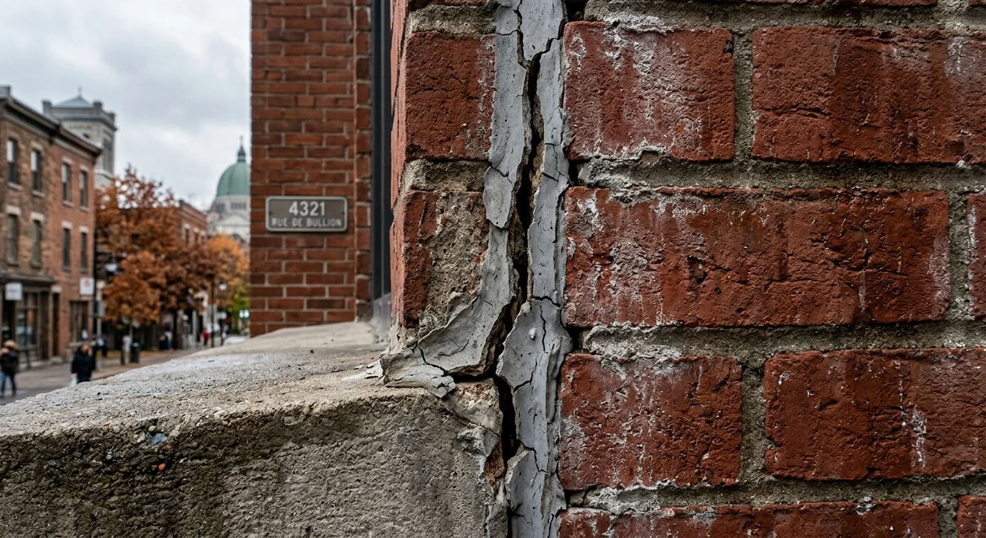 A close-up photograph of a building corner in Montreal, where the gray-colored sealant (caulking) between a concrete base and a red brick wall is severely cracked, peeling, and detached, revealing gaps. In the background, there is a street sign for 'Rue De Bullion' and a blurred view of a Montreal street scene under an overcast sky.