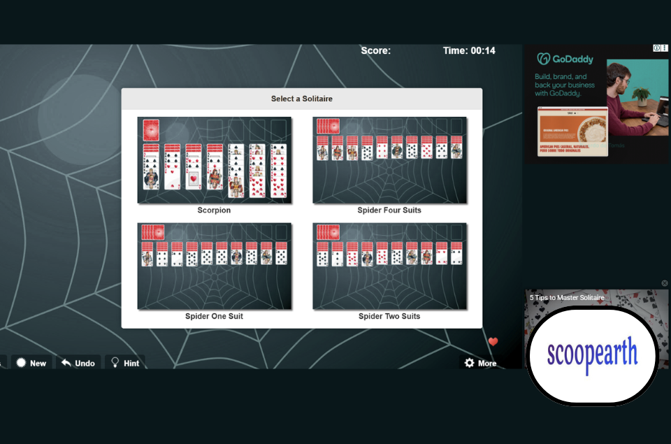Spider Solitaire card game showing playing cards arranged in columns for strategic gameplay
