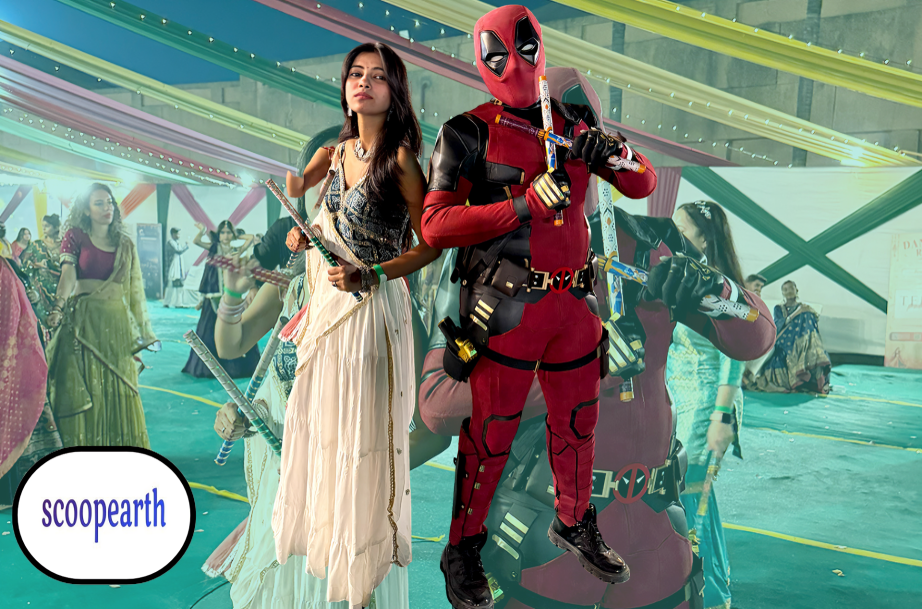 Deadpool character joins Delhi’s dandiya celebrations during the festive season.