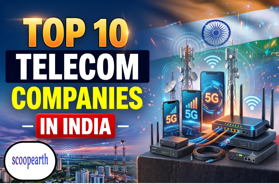Top 10 telecom companies in India featuring mobile networks, 5G technology, and telecommunications infrastructure